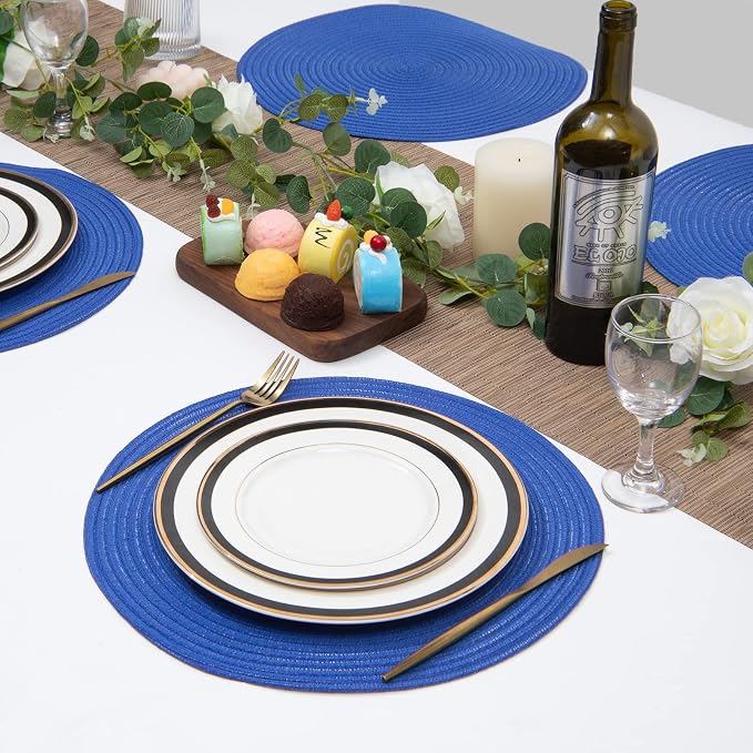 SHACOS Round Placemats Set of 6 Washable 15 inch Round Table Mats Cotton Polyester Woven Braided Place Mats for Dining Table (Blue, 6) - Image 7