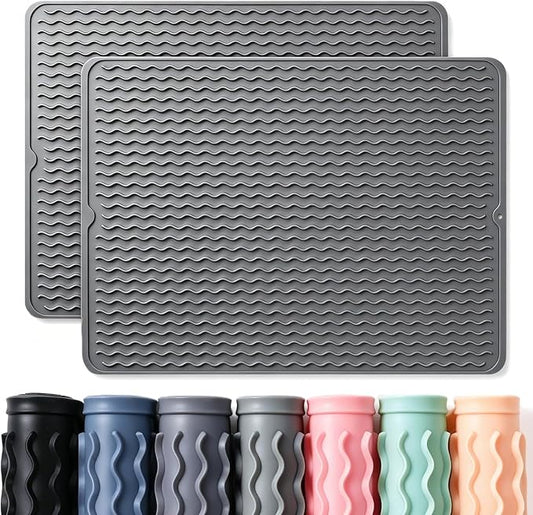 2 Pack Caketime Silicone Dish Drying Mat for Kitchen Counter Coffee Bar Accessories Heat Resistant Waterproof Dining Under Sink Organizers Dog food mat Must Haves Extra Large 24"x18" Gray by CAKETIME