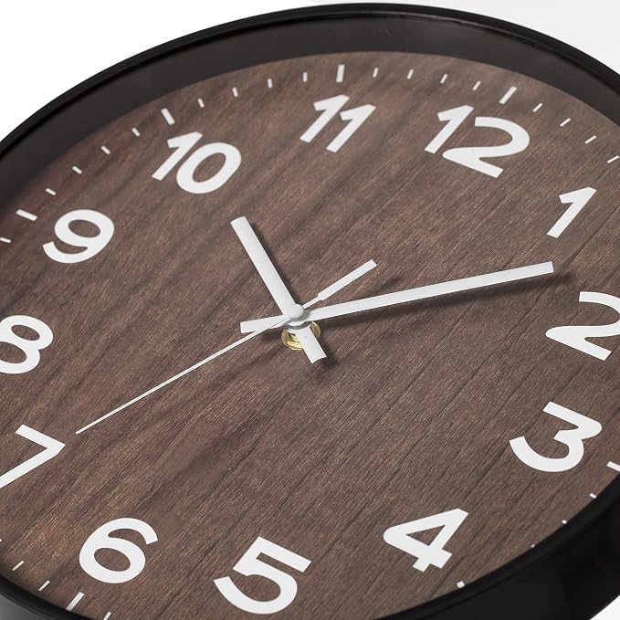 Decorative Modern Round Wood- Looking Plastic Wall Clock for Living Room, Kitchen, or Dining Room, Brown - Image 5