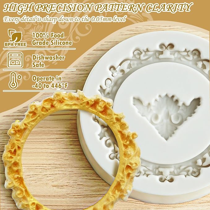 HKNMTT Picture Frame Molds Silicone Baroque Vintage for Fondant Candy Clay Covered Oreo Cake Photo Decorating Cupcake Toppers, 4 Shaped Round Square Frame Moulds Craft DIY Supplies Set - Image 3