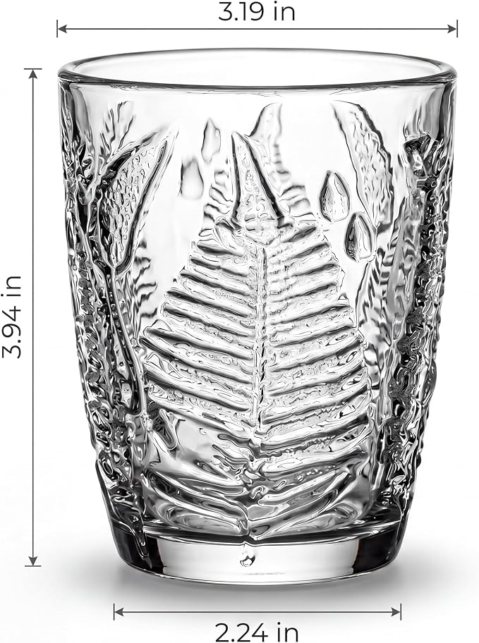 Clear Drinking Glasses Set of 4, 10 oz Glass Cups, Vintage Fern Glassware | Hand-Pressed, Dishwasher Safe, Boho Leaf-Textured Drinkware, Decorative Embossed Lowball Tumblers for Water, Retro Kitchen - Image 7