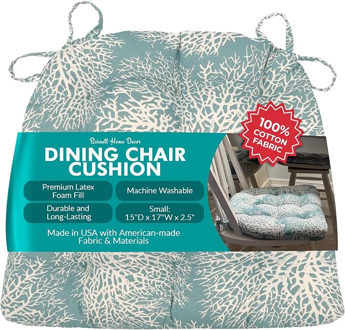 Barnett Home Decor Ariel Fan Coral Dining Chair Pad with Ties - Latex Foam Fill - 100% Cotton, Made in USA - Machine Washable, Reversible (Ariel Fan Coral, Small) by BarnettHomeDecor
