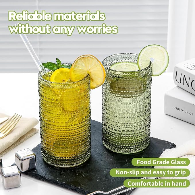 16oz Green Hobnail Drinking Glasses with Straws Set of 12, Highball Glasses Cups, Kitchen Water Glasses Cup, for Cocktail, Juice, Whiskey, Milk and Various Mixed Drinks - Image 4