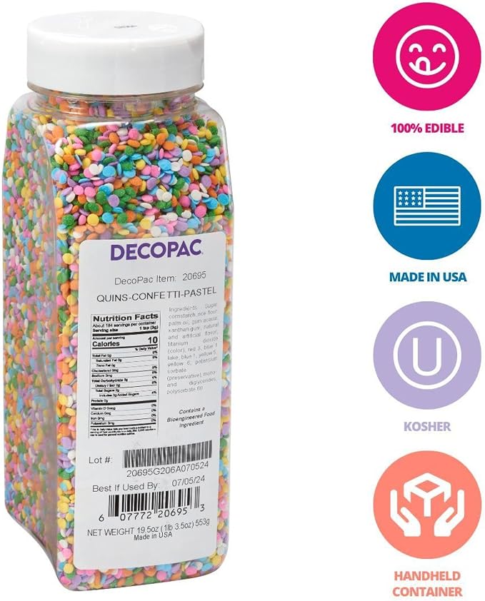 DECOPAC Quins Fancy Sprinkles, 19.5oz, Candy Sprinkles in Handheld Container, Edible Sprinkles For Celebration Cakes, Cupcakes, Cookies - Pastel Sequin Quins - Image 2