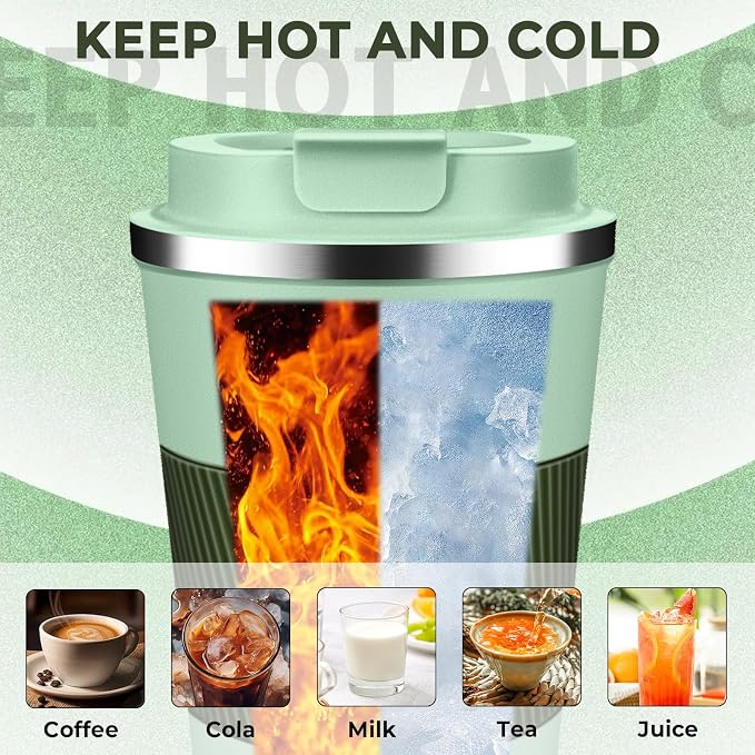 Insulated Coffee Tumbler 12 oz, Stainless Steel Coffee Mug with Lids, Travel Coffee Mug Leak Proof, Double Wall Vacuum Insulated Reusable Coffee Cup, Keep Drinks Hot and Cold (Light Green, 12 Ounces) - Image 5