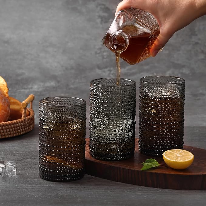 Moretoes 12 Pack 15 Oz Gray Large Hobnail Drinking Glasses Set | Vintage Glassware,Embossed Glass Cups,Water Tumbler,Highball Glasses For Beer, Juice And Various Mixed Drinks - Image 2