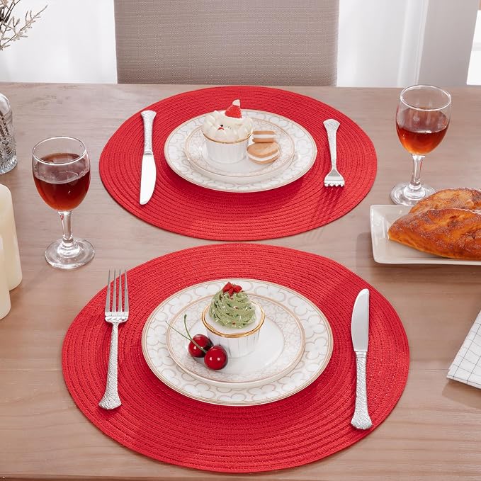 SHACOS 15 inch Round Placemats Set of 6 Braided Non Slip Washable Place Mats for Dining Tables Kitchen Table Mats Home Wedding Party Decor (Red, 6) - Image 2
