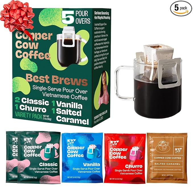 Copper Cow Coffee Premium Pour Over Single-Serve Vietnamese Coffee | Best Brews Variety Pack (Includes 5 coffees) | Classic Black, Churro, Vanilla, & Salted Caramel, Travel Friendly