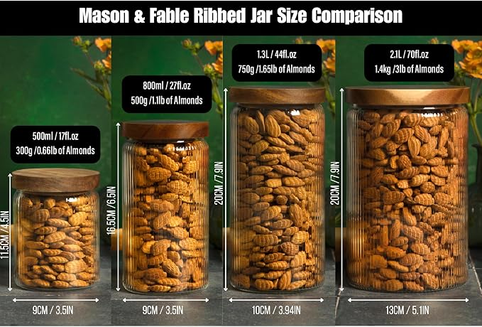 Mason & Fable Ribbed Glass Jar with Wooden Lid 70fl.oz- Set of 2 | Airtight Fluted Storage Container for Cookies, Pasta, Coffee, Dog Treats, Snacks | Organization Canisters for Home & Kitchen - Image 4