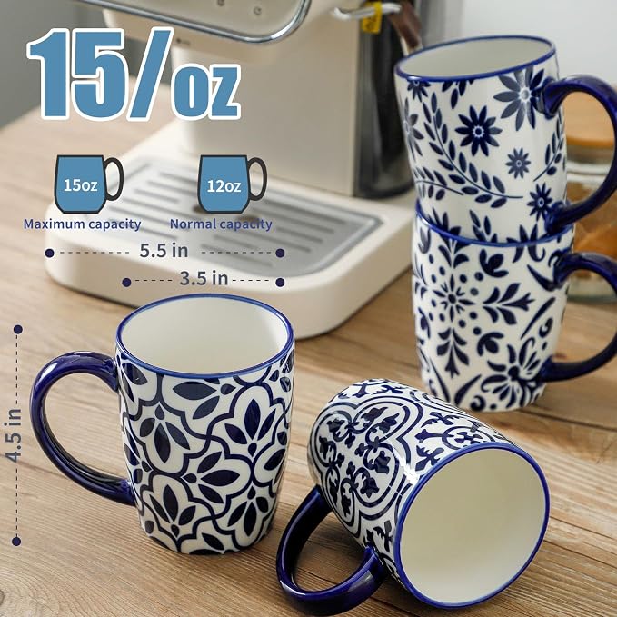 HASENSE 15OZ Coffee Mugs, Ceramic Coffee Mugs Set of 4 with Handle, Coffee Cups Ceramic with Blue and White Floral Patterns, Porcelain Mug Set for Coffee, Tea,Suitable for Home, Office, Vintage Blue - Image 2