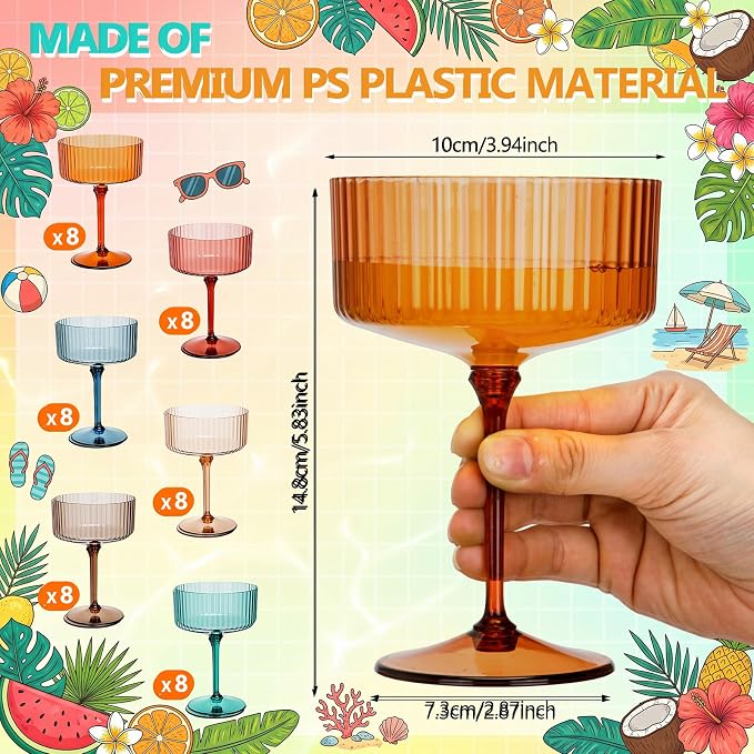 Jingmore 48 Pcs Ribbed Martini Glasses 10 oz Disposable Plastic Vintage Ribbed Coupe Glasses Unbreakable Dessert Parfait Glassware for Wedding Birthday Party Supplies (Classic Color) - Image 2