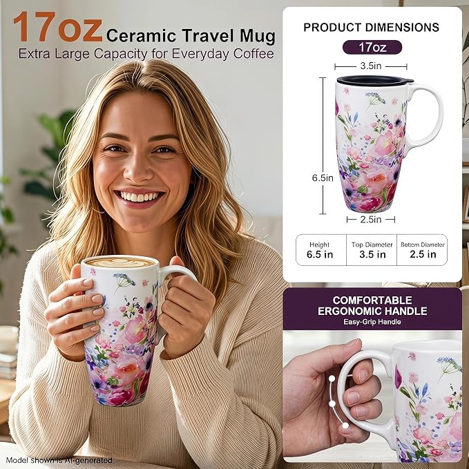 Topadorn 17oz Ceramic Travel Mug with Lid, Floral Coffee Mug with Handle | 17oz Ceramic Travel Mug • Floral Watercolor Design • Spill-Resistant Lid • Microwave & Dishwasher Safe • Gift Box - Image 9