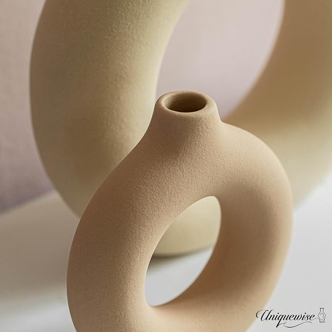9-Inch Large and 5-Inch Small Decorative Hollow Ceramic Donut Table Vase - Handmade, Minimalist Boho Style for Modern Home Decor in Living Room, Home Office, Dining Room and Entryway Console Table - Image 4