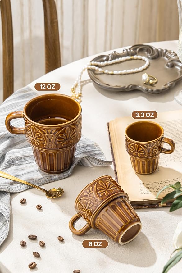 Espresso Cups Set of 6, Cappuccino Cups, Stackable Mug 6 OZ Ceramic Coffee Mug, Microwave & Dishwasher Safe, Tea Cocoa for Family Daily Use & Gathering, Great Gift for Any Special Occasion, Brown - Image 3