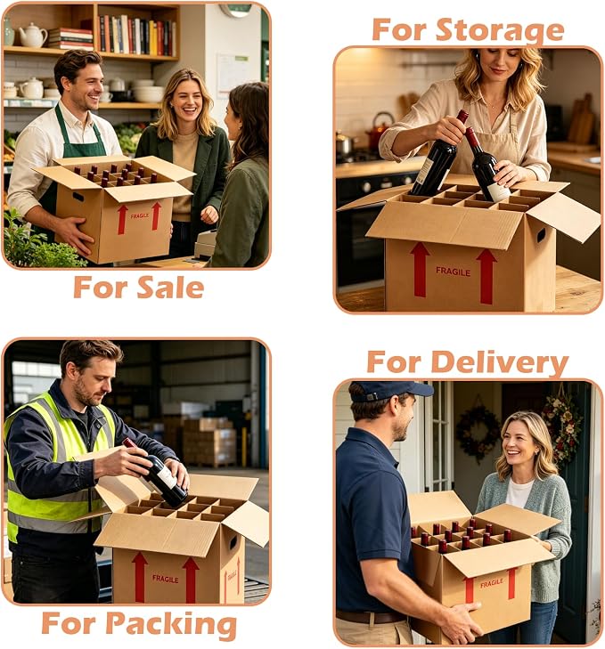 4 Sets Wine Boxes for Moving, 16 x 12 x 12 Inch Wine Bottle Moving Boxes with Reinforced Cardboard and Handles, Corrugated Boxes with Fragile Labels for Glassware, Moving, Packaging, Storage - Image 5