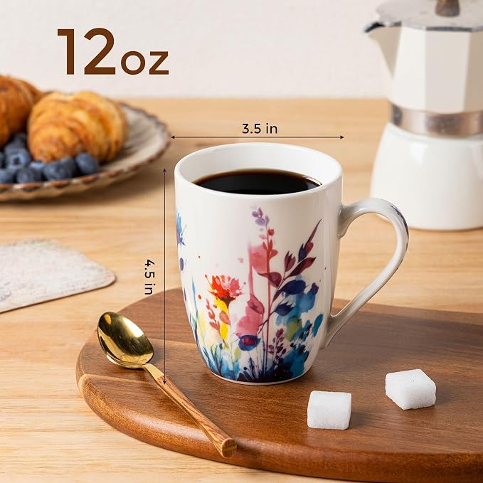 GBhome 12oz Coffee Mugs Set fo 6, Ceramic Coffee Mugs with Decaled Flowers for Man Woman Mom Dad, Light Weight Coffee Mugs Set for Latte/Cappuccino/Cocoa/Milk, Dishwasher & Microwave Safe - Image 3