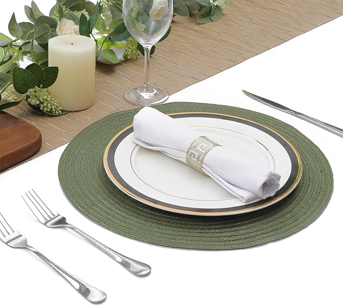 SHACOS Round Placemats Set of 8 Washable 15 inch Round Table Mats Cotton Polyester Woven Braided Place Mats for Dining Table Wedding Party Decor (Olive Green, 8) - Image 2