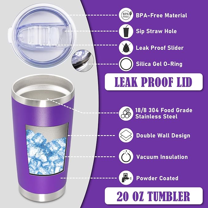 20oz Tumbler Insulated Coffee Tumblers with Lid Stainless Steel Purple 8P | 20 oz Tumblers Double Wall Insulated Vacuum 20oz Coffee Mug Leak Proof Tumblers with Lid Powder Coated - Purple 8 Pack - Image 3