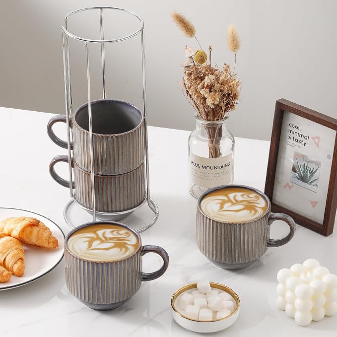 HASENSE Porcealin Coffee Mugs, Stackable Coffee Cups Set of 4 with Stand - 15 oz Large Ceramic Ribbed Latte Cup Set for Cappuccino, Tea, Hot Cocoa, Drinks - Dishwasher & Microwave Safe, Brown - Image 2