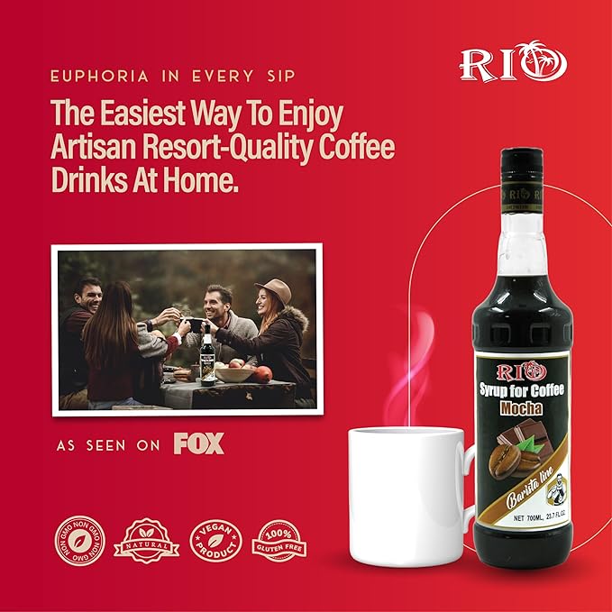 RIO Mocha Coffee Syrup, Perfect for Hot or Iced Drinks & Desserts, Chocolate & Coffee Combo, Sweetened with Pure Cane Sugar, Barista-Grade Flavor Syrups for Drinks at Home & Work - 700ml