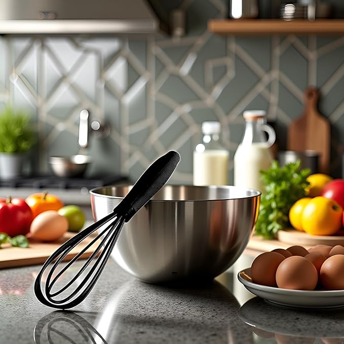 1Pc Black Mini Silicone Whisks,Non-Stick Whisks,Milk and Egg Beater Blender,Hand Egg Mixer,Kitchen for Cooking, Baking, Mixing,Stirring,Cooking Utensils,Kitchen Dining (6.7inch)