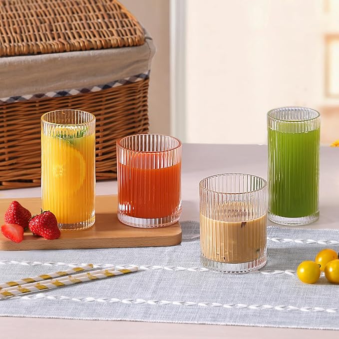 Moretoes Ribbed Drinking Glasses Set of 12,Water Glass Cups | Mixed Glassware Set,6 Highball Glasses 12 Oz, 6 Rocks Glass 13 Oz, Kitchen Bar Tumbler for Wine, Juice, Ice Coffee, Whiskey - Image 5