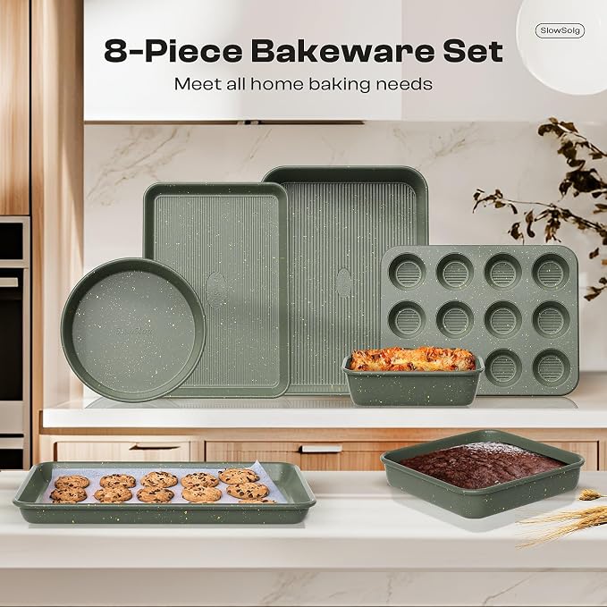 12-Piece Nonstick Baking Set, Non-Toxic Bakeware Set - Ceramic Coated Green | With Baking Sheet, Cake Pan, Square Pan, Loaf Pan, Roasting Pan, Muffin Pan, Cookie Sheet, Cooling Rack & Kitchen Utensilss - Image 8