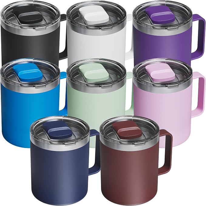 8 Pack 12oz Insulated Coffee Mug with Lid – Double Wall Stainless Steel Travel Cups with Handle, Keep Hot & Cold Drinks, Ideal Gift for Coffee Lovers, Home, Office & Camping (Assort colors) by avodvo