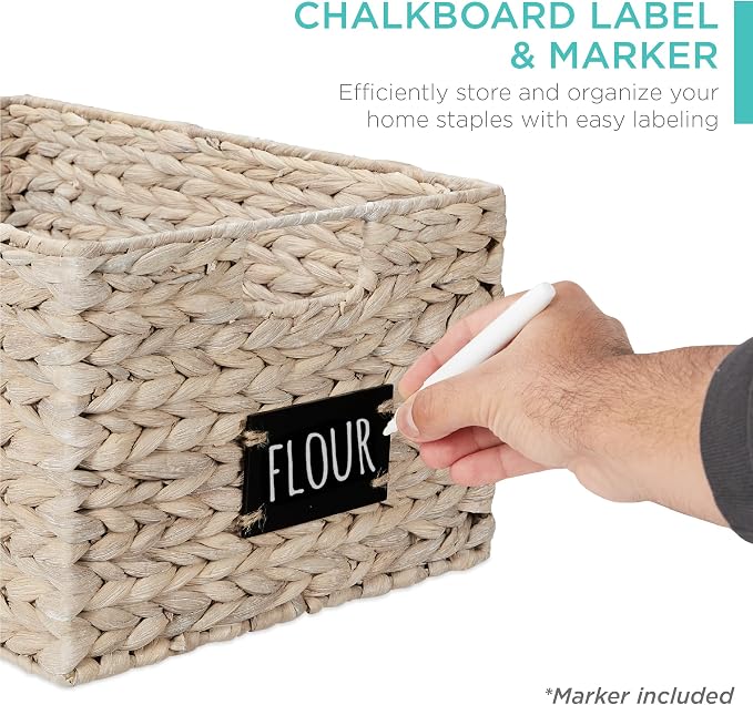 Best Choice Products Pantry Baskets Set of 2 16x12in Water Hyacinth Storage Baskets, Woven Wicker Kitchen Organizers with handles w/Chalkboard Label Chalk Marker - White - Image 2