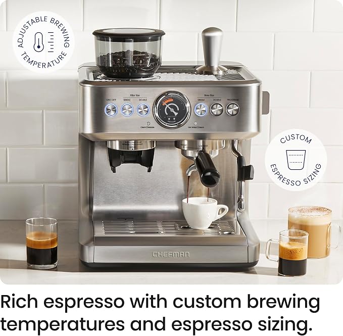 Chefman Crema Supreme 15 Bar Espresso Machine with Milk Frother, Barista Steam Wand, Professional Coffee Maker with Coffee Grinder, 30 Grind Settings, 3L Removable Water Tank - Stainless Steel - Image 2