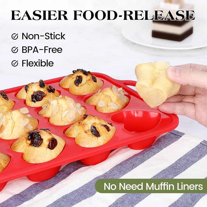 2 Pcs Heart Shaped Muffin Pan with Metal Reinforced Frame 12 Cup Nonstick Silicone Heart Cake Mold for Baking 2.5 Inch Cupcake Tray (Red) - Image 3