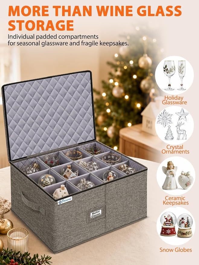 Wine Glass Storage Box for Martini, 5" Wide Cell Hard Shell China Storage Containers with Dividers, Stackable Stemware Storage Holder for Glassware, Margarita, Goblets & Brandy Snifters, Grey - Image 5