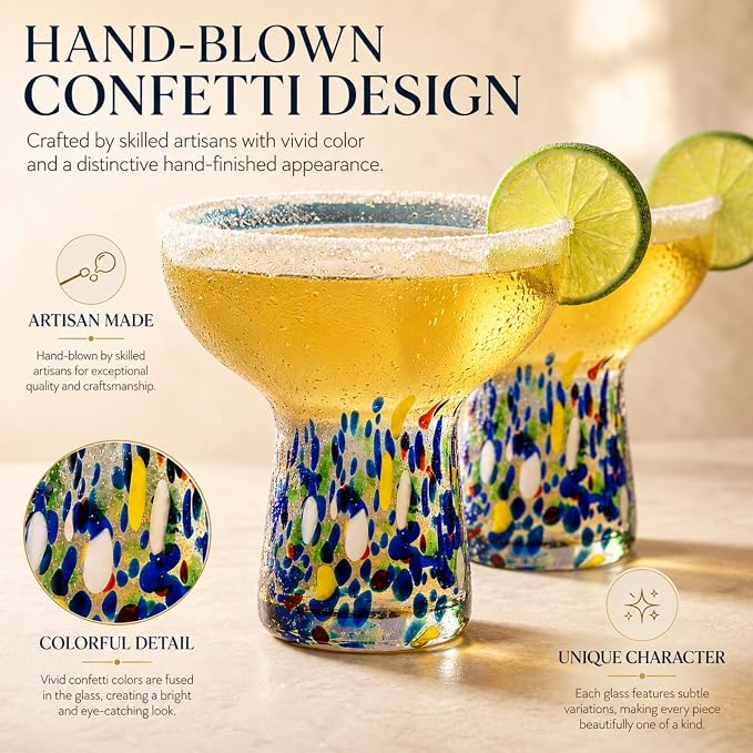 Large Stemless Hand Blown Confetti Margarita Glasses - 14 oz - Set of 2 | Colorful Artisan Glassware, Perfect for Margaritas, Martinis, Wine, Cocktails & Champagne, Great for Cinco de Mayo & Parties - Image 6