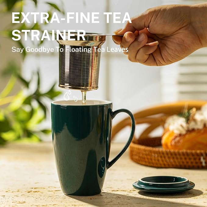 Sweese 15 OZ Porcelain Tea Mug with Infuser and Lid, Loose Leaf Tea Cup, Gifts for Tea Lover, Dark Green - Image 4