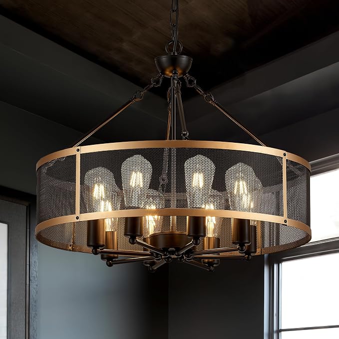 Modern 23" Large Black Gold Mesh Drum Chandelier for Dining Room Industrial Retro Semi Flush Mount 4-Light Round Ceiling Light Fixtures for Kitchen Bedroom Living Room Hallway Entryway Foyer by ProfessionalLightingFixturesManufacturer