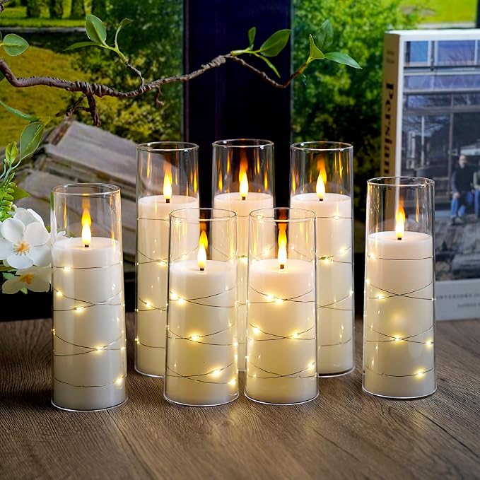 Flameless Candles,with Embedded Star String, Battery Operated Candles Flickering LED Pillar Candles with Remote Control and Timer, Home Decoration Add a Warm and Romantic Atmosphere，Set of 7 (White) - Image 4