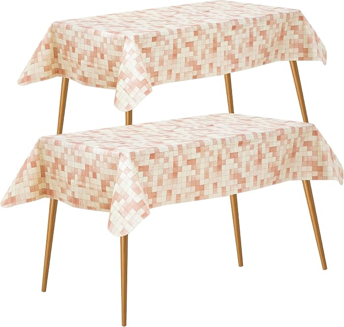FIFTY FEET 84X60 Inch Rectangle Tablecloth, Vinyl Tablecloth with Flannel Backing Waterproof Table Cloth, Spill Proof Picnic Table Cover for Outdoor/Indoor/Camping/Dining(Beige Plaid) - 2 Packs by FIFTYFEET