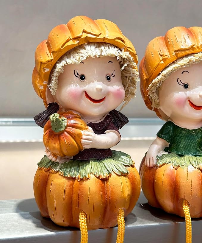KiaoTime Fall Thanksgiving Scarecrow Pumpkin Shelf Sitters with Dangling Legs Decoration, Set of 2 Fruit Harvest Sculpture for Window Sill Kitchen Tabletop Autumn Home Decoration - Image 6