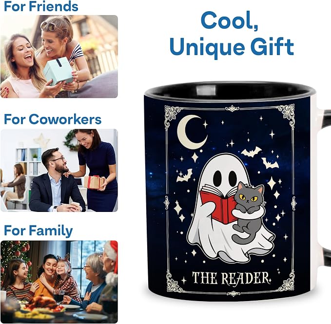 Hyturtle Cute Ghost with Cat Coffee Mug with Spoon for Halloween Birthday | Funny Ghost Tarot Gifts for Readers, Book Lover Mug, Book Club Gifts, Premium 11oz Ceramic Coffee Tea Cup, Double-sided print - Image 5