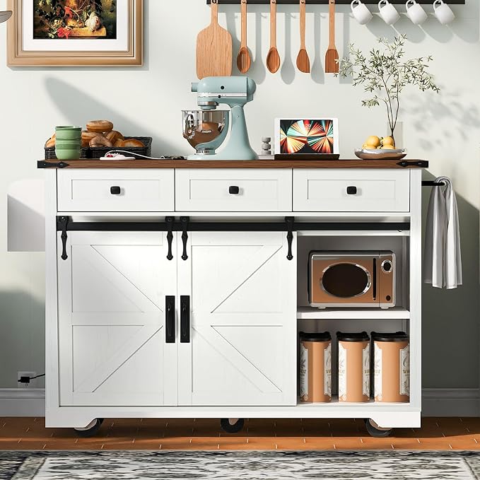 Farmhouse Kitchen Island on Wheels with Drop Leaf & Power Outlet, 53.7-Inch Rolling Storage Island Cart with Drawers, Sliding Barn Door Cabinets, Spice Rack (Retro White) - Image 9