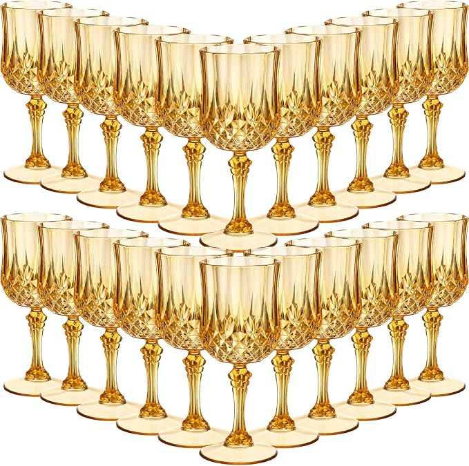 Sliner 48 Pcs 7oz Plastic Vintage Wine Glasses Drinking Goblets Unbreakable Crystal Water Glassware Reusable Diamond Champagne Flutes Cups for Wedding Banquet Birthday Party Supplies (Gold) by Sliner