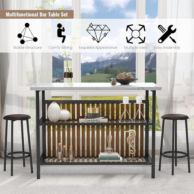 AWQM Kitchen Island with Seating & Storage Shelf, Modern Bar Table and Chairs Set for 2, Wooden Island Table for Kitchen, Dining Table Set for Small Space, White - Image 5