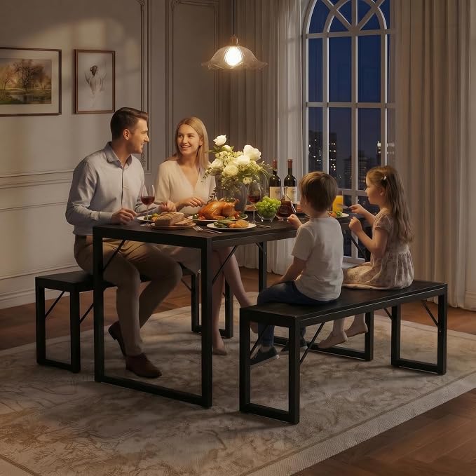 Bealife Dining Table Set for 4 with Metal Frame and MDF Board - Black | Space Saving Kitchen Table with 2 Benches, Kitchen Table Set for Apartment, Dining Room, Breakfast Nook - Image 9