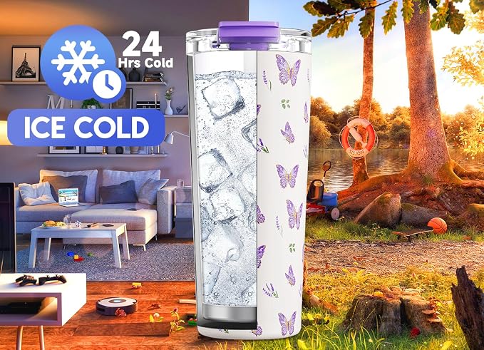 Meoky 24 oz Insulated Travel Coffee Mug: Leak Proof Lid, Butterfly | Stainless Steel Coffee Tumbler, Keeps Hot for 8 Hours or Cold for 24 Hours, Fits in Car Cup Holder, BPA Free - Image 4