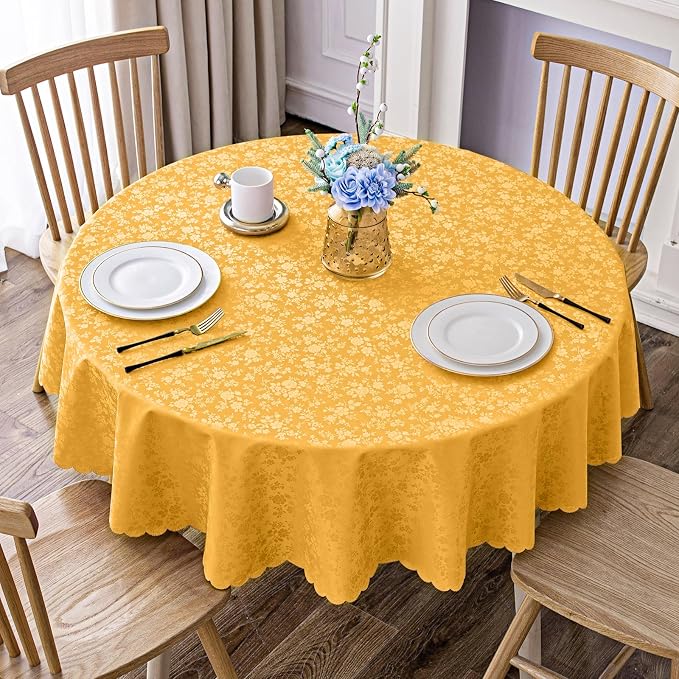 Smiry Round Waterproof Heavy Duty Vinyl Tablecloths, 60 x 60 Inch | Wipeable Washable Floral Embossed Table Cover for Kitchen and Dining Room, Indoor & Outdoor Use, Mustard Yellow by Smiry