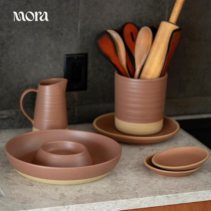 Mora Ceramic Chips and Dip Serving Tray: Large Divided Party Bowl Set for Chips & Salsa, Veggies & Dip, Fruit, Snacks, Entertaining, Hosting, etc. Minimalist Design for the Modern Hostess - Terracotta - Image 5
