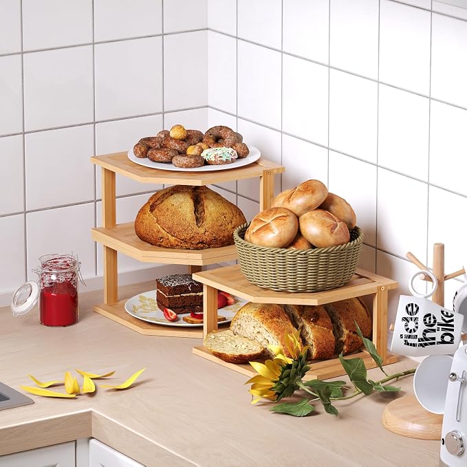 VERTORGAN 2 Tier Bamboo Corner Shelf 3 Pack Plate Organizer Kitchen | Pantry Storage,Dish Rack,Spice Rack,Corner Organizer,Kitchen Counter Shelves,Kitchen Storage,Holds Plates - Image 4