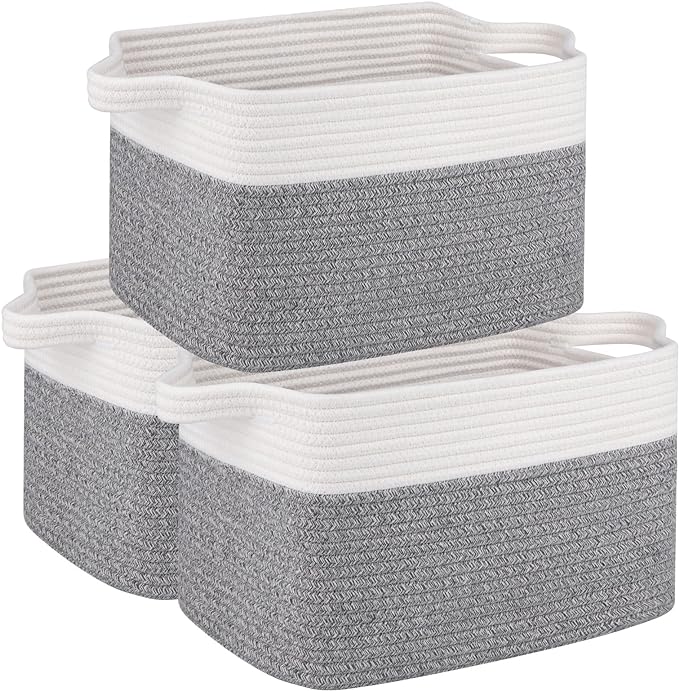 OIAHOMY 3 Pack Storage Basket for Organizing, 13''X9.85''X8.7'' Storage Bins,Woven Basket Basket with Handles, Toy Storage Basket Bin,Stylish Room Decor Basket, White & Grey variegated by MasterofSpaceOptimization