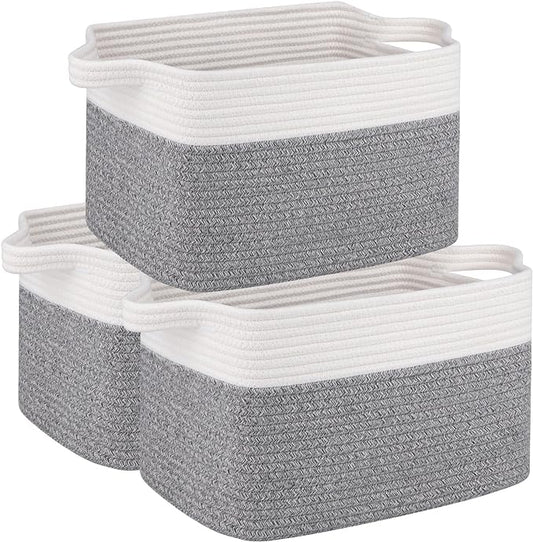 OIAHOMY 3 Pack Storage Basket for Organizing, 13''X9.85''X8.7'' Storage Bins,Woven Basket Basket with Handles, Toy Storage Basket Bin,Stylish Room Decor Basket, White & Grey variegated by MasterofSpaceOptimization