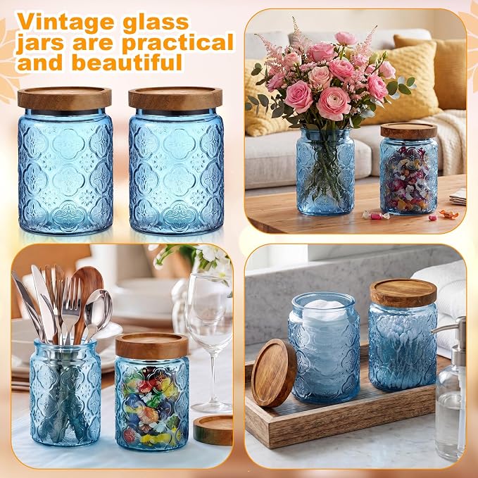 LemonRoad 2 Pcs Vintage Blue Glass Storage Jars 23.7 oz Mason Jar Canister with Wood Lids Food Storage Container for Cookie, Pantry, Candy Kitchen, Coffee, Tea, Flour, Sugar, Decorative Home Decor - Image 5